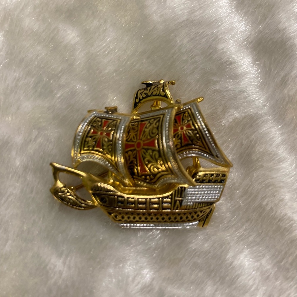 Vtg Damascene Spanish Ship Brooch